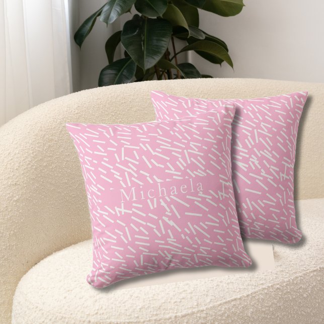 White Sprinkles on Pink Background Name Text Cushion (Pink & white Sprinkles Throw pillow, customizable name. Multilingual Project. Bilingual text option.)