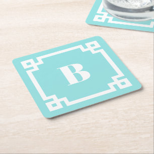 White Square Greek Key Border Aqua Blue Monogram Paper Coaster