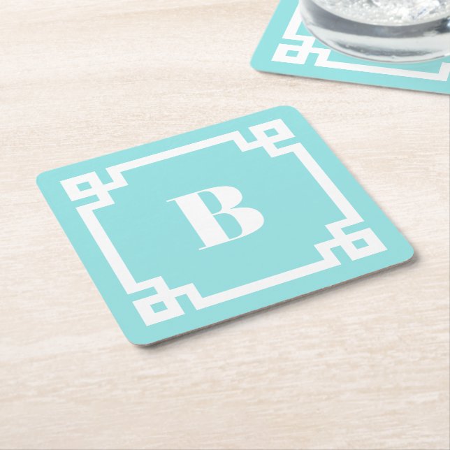 White Square Greek Key Border Aqua Blue Monogram Paper Coaster (Angled)