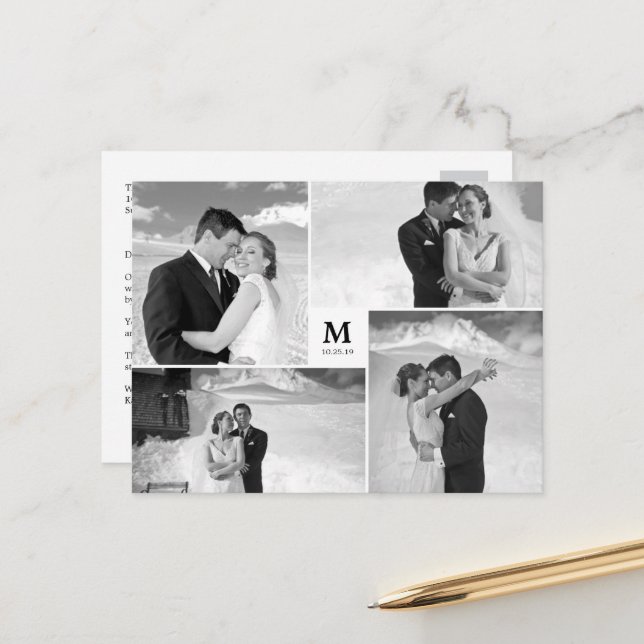White Square Monogram 4 Photo Wedding Thank You Postcard (Front/Back In Situ)