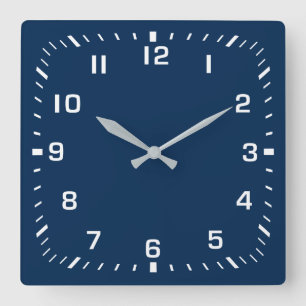 White Square Number Faceplate on Navy Blue Wall Clock
