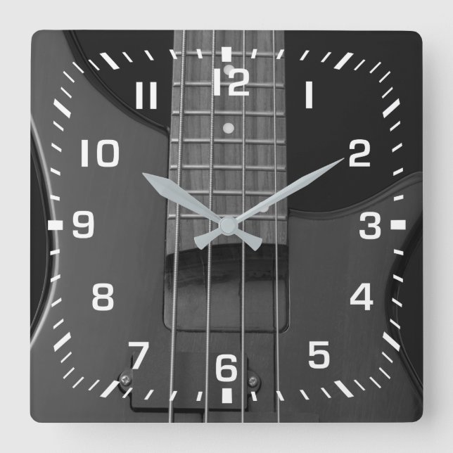 White Square Numbers on Bass Guitar Wall Clock (Front)