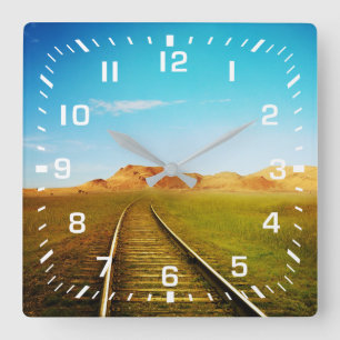 White Square Numbers / Southwest Railroad Tracks Wall Clock