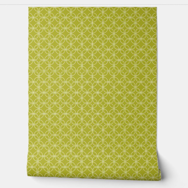 White Squares Circles On Avocado Green Mid Century Wallpaper (Unrolling)