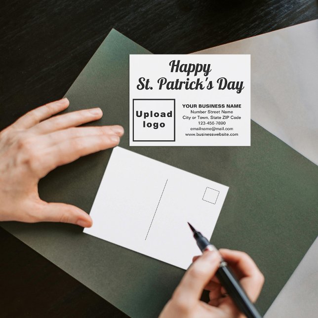White St. Patrick Business Holiday Postcard (Business brand with St. Patrick greeting on white holiday postcard)