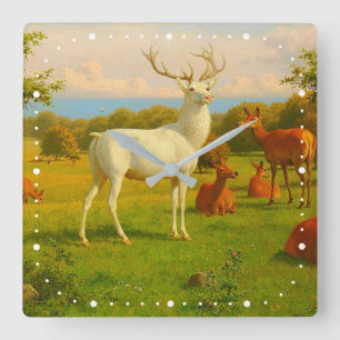White Stag Deer In Open Field Nature Wildlife Square Wall Clock