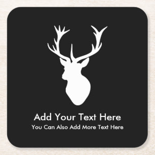 White Stag Head with Antlers Square Paper Coaster