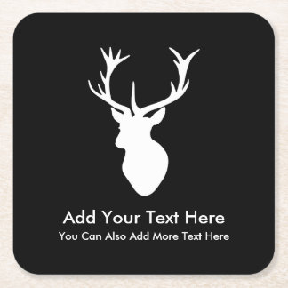 White Stag Head with Antlers Square Paper Coaster