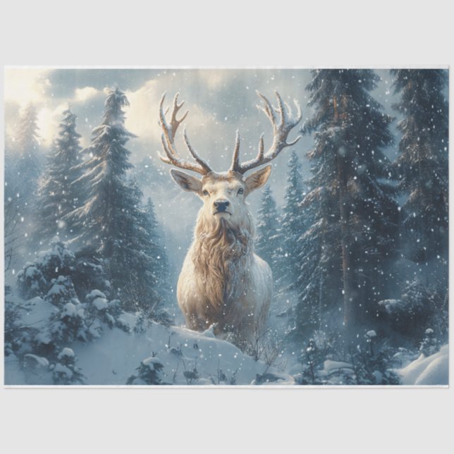 White Stag in the Winter Woods Art Decoupage Tissue Paper (Front)