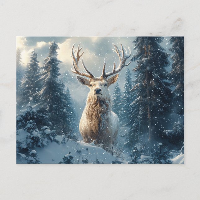 White Stag in the Winter Woods Art Postcard (Front)