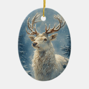 White Stag Portrait Mystical Winter Art Ceramic Tree Decoration
