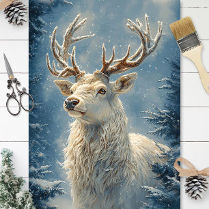 White Stag Portrait Mystical Winter Art Decoupage Tissue Paper