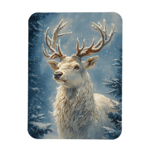 White Stag Portrait Mystical Winter Art Magnet