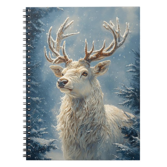 White Stag Portrait Mystical Winter Art Notebook (Front)