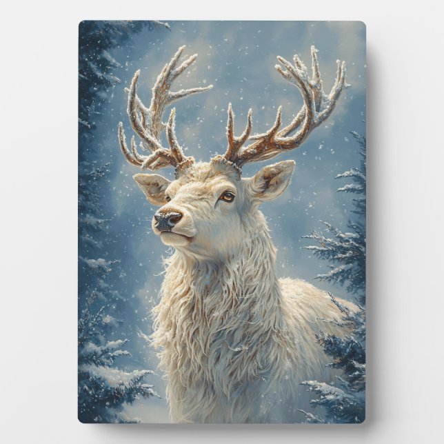 White Stag Portrait Mystical Winter Art Plaque (Front)