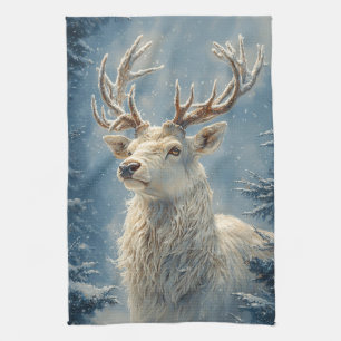 White Stag Portrait Mystical Winter Art Tea Towel