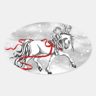 White Stallion Christmas Design Oval Sticker
