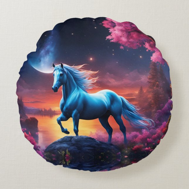 White Stallion Fantasy Pink Garden Round Cushion (Front)
