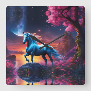 White Stallion Fantasy Pink Garden Square Wall Clock