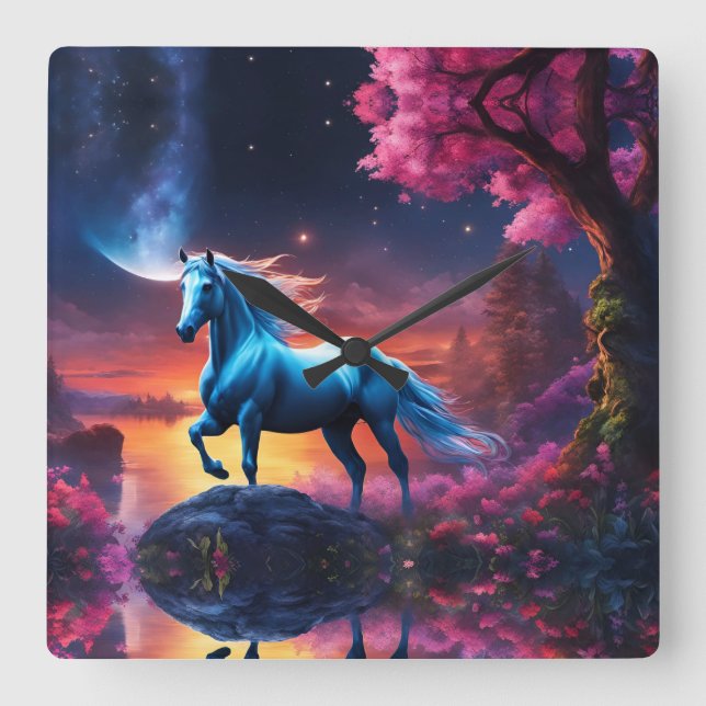 White Stallion Fantasy Pink Garden Square Wall Clock (Front)