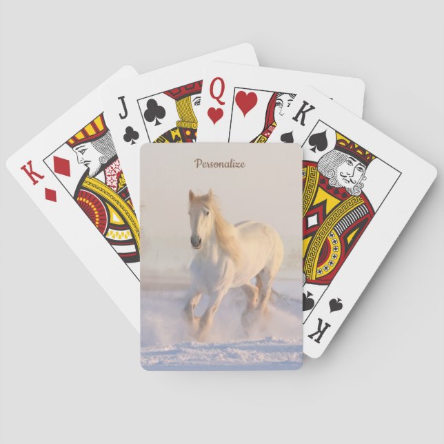 White Stallion Horse in Winter Snow Personalised Playing Cards (Back)