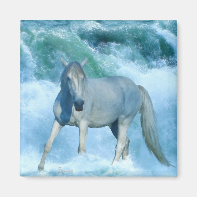 White Stallion & Ocean Waves Equine Art Magnet (Front)