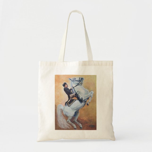 White Stallion  performs with Dressage Rider Tote Bag (Front)