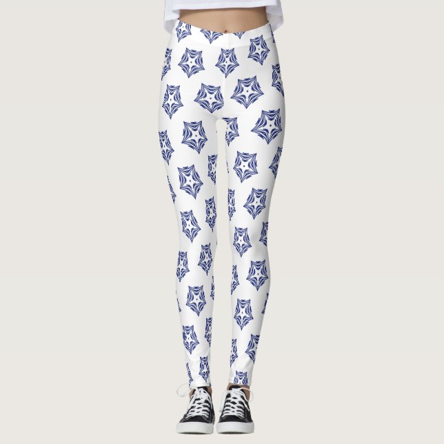 White star navy blue outline white background  leggings (Front)