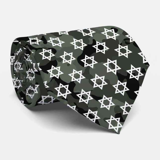 White Star Of David Dark Green Camo Camouflage Tie (Rolled)