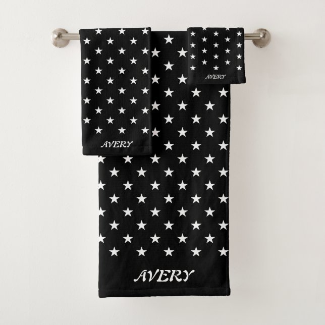 White Star Pattern on Black Bath Towel Set (Insitu)