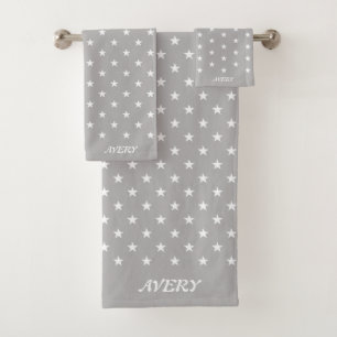 White Star Pattern on Light Silver Grey Bath Towel Set