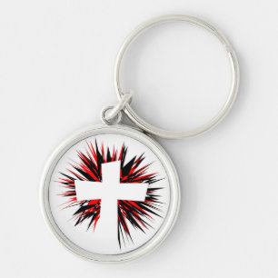 WHITE STARBURST CROSS KEY RING