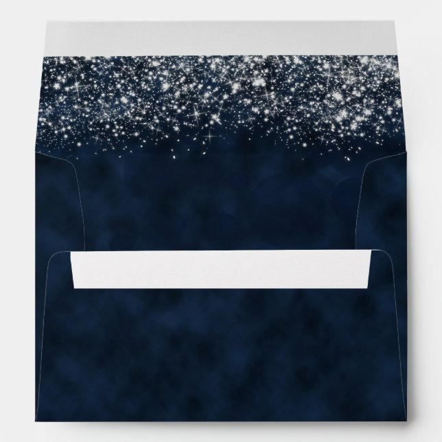 White Stardust on Navy Blue Wedding Envelope (Back (Bottom))