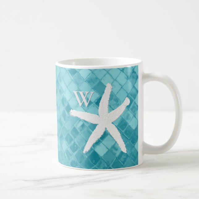 White Starfish Aqua Sea Glass Monogram Coffee Mug (Right)