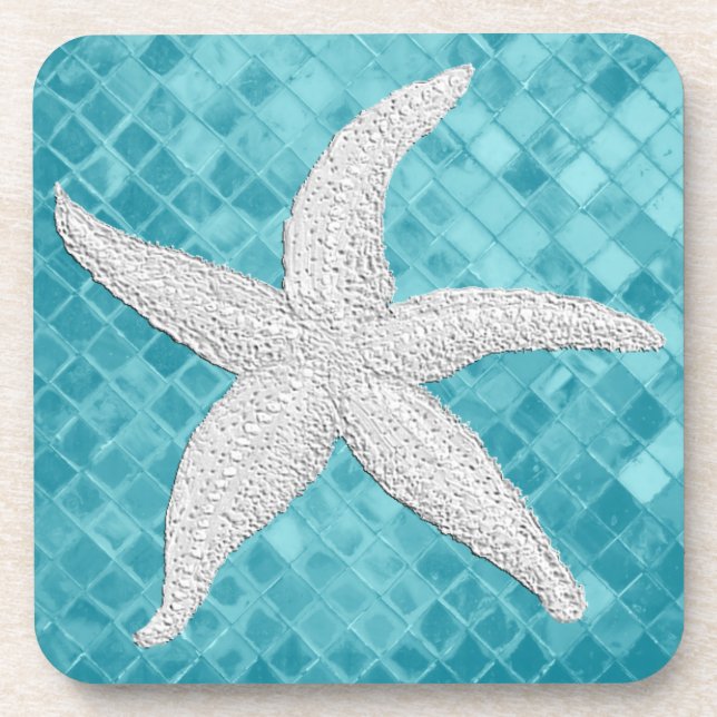 White Starfish Aqua Sea Glass Pattern Coaster (Front)