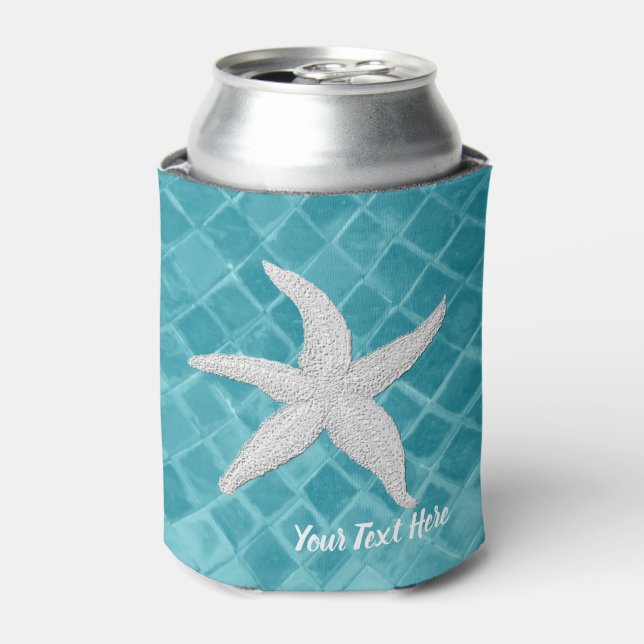 White Starfish Aqua Sea Glass Your Text Can Cooler (Can Front)