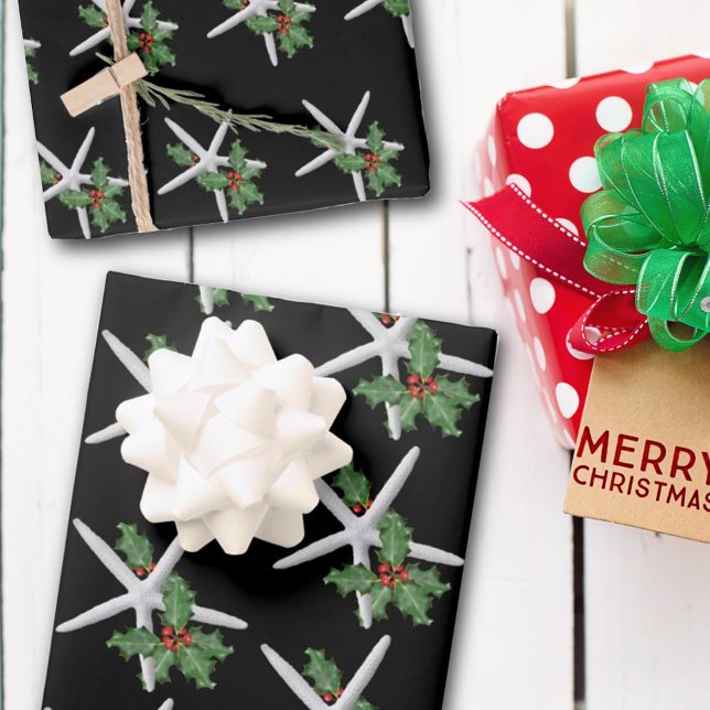 White Starfish Black Christmas Wrapping Paper Sheet (Creator Uploaded)