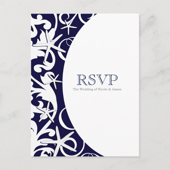 White Starfish Blue Beach Elegant Wedding RSVP Invitation Postcard (Front)