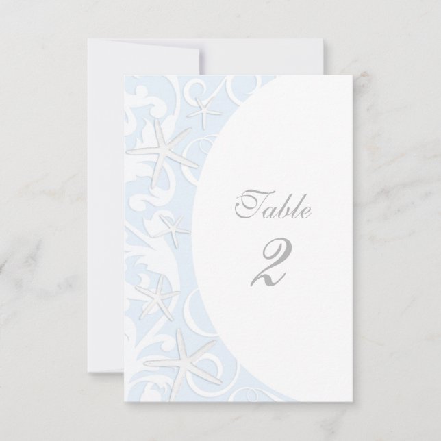 White Starfish Blue Beach Wedding Table Number (Front)