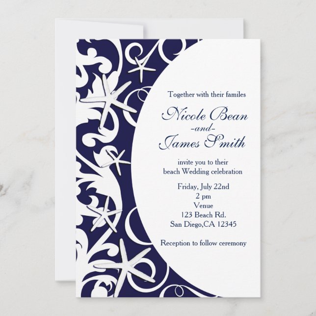 White Starfish Dark Blue Beach Wedding Invitations (Front)