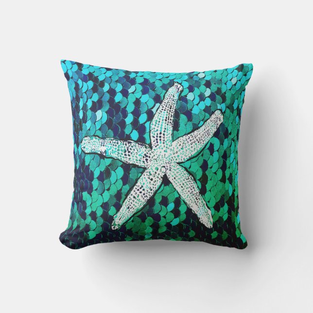 White Starfish Glittery Mermaid Sequins Green Blue Cushion (Front)