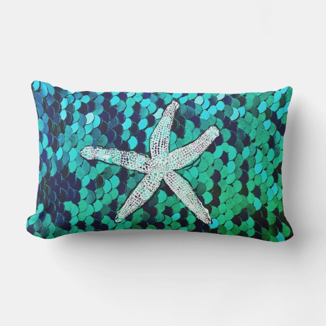 White Starfish Glittery Mermaid Sequins Green Blue Lumbar Cushion (Front)