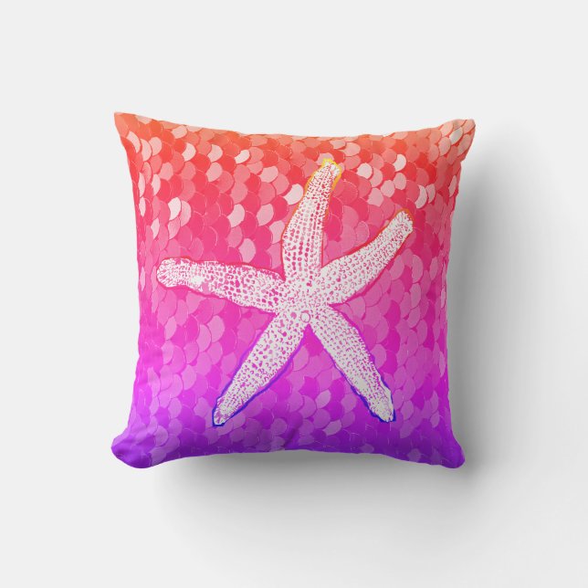 White Starfish Glittery Mermaid Sequins Pink Cute Cushion (Front)
