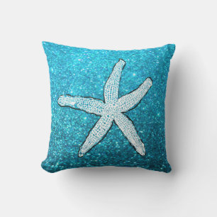 White Starfish Glittery Sparkly Beach Teal Blue Cushion