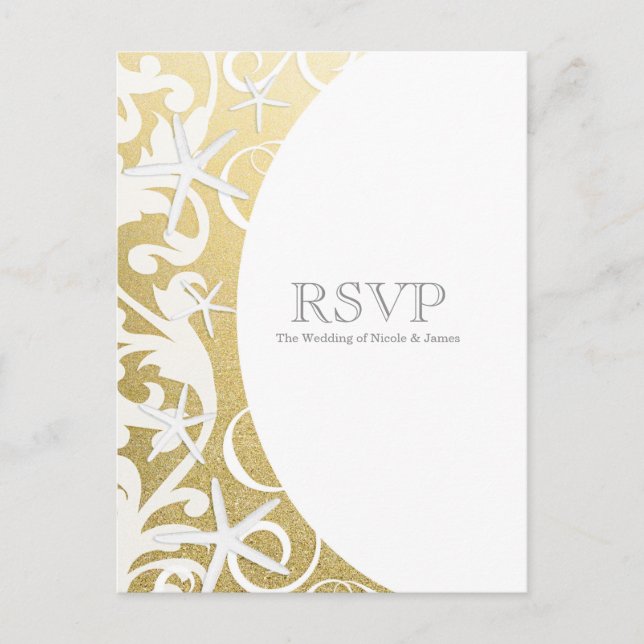 White Starfish Gold Beach Elegant Wedding RSVP Invitation Postcard (Front)