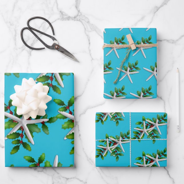 White Starfish n Holly Christmas Aqua Wrapping Paper Sheet (Front)