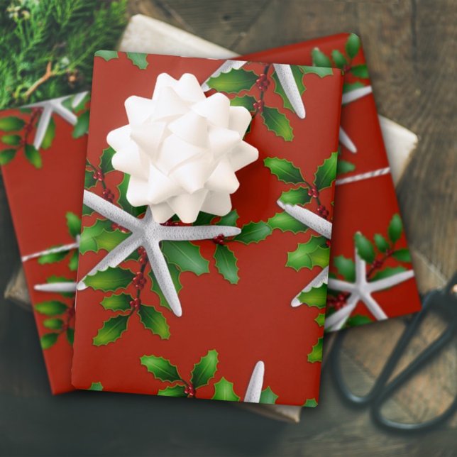 White Starfish n Holly Christmas Red Wrapping Paper Sheet (Creator Uploaded)