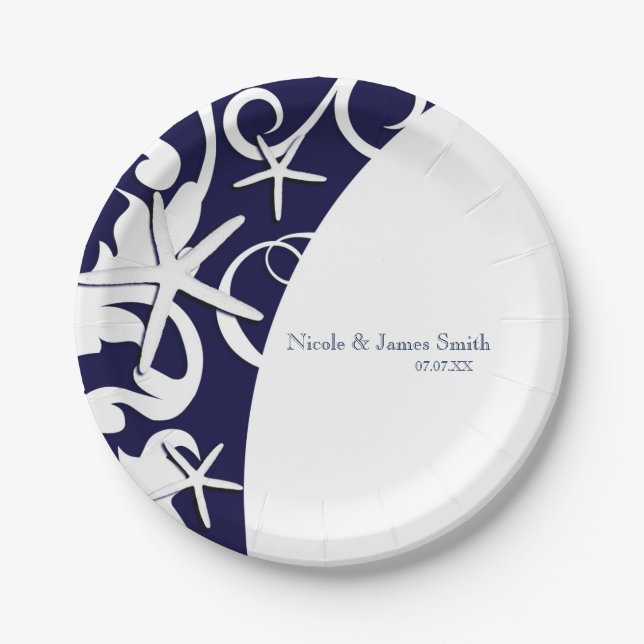 White Starfish Navy Blue Beach Elegant Wedding Paper Plate (Front)