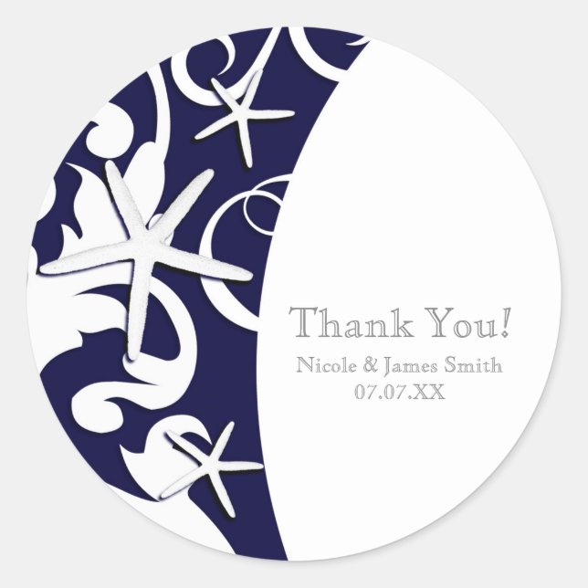 White Starfish Navy Blue Elegant Beach Wedding Classic Round Sticker (Front)