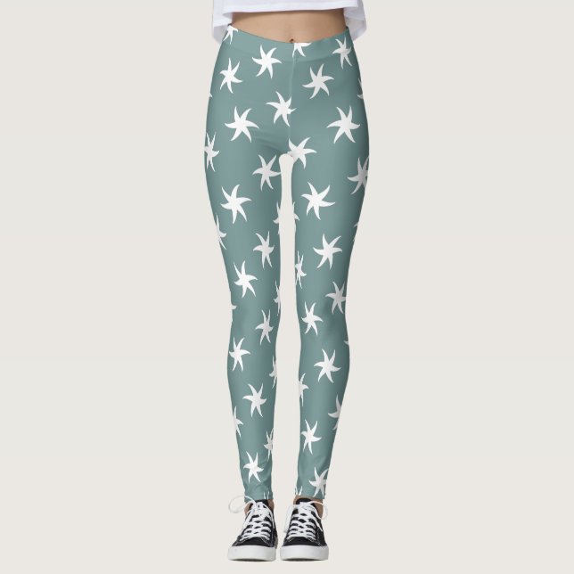 White Starfish on Beach Blue Leggings (Front)